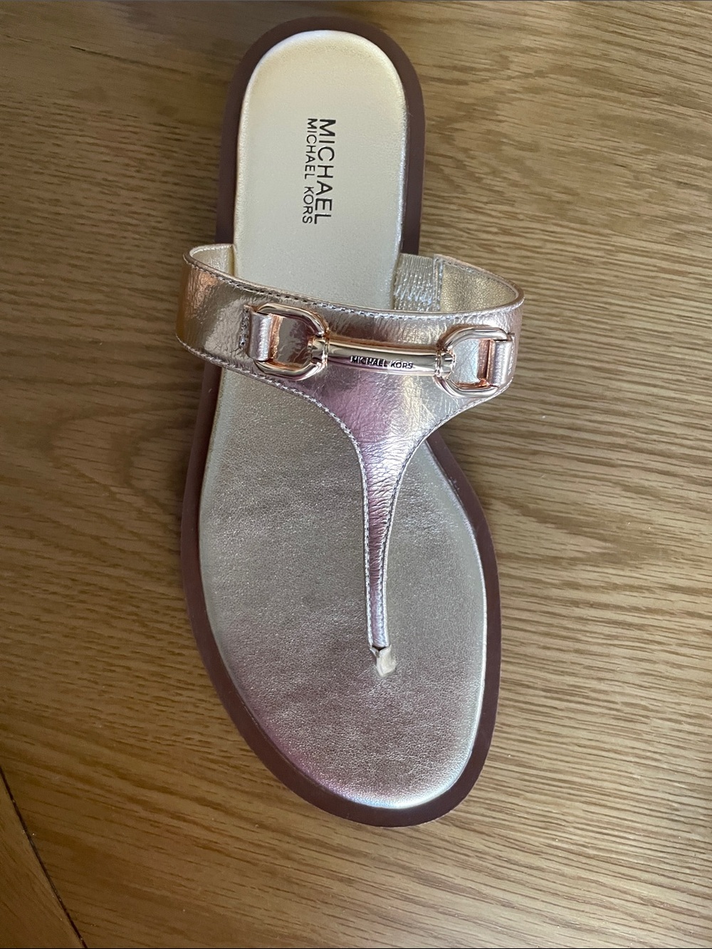 Michael Kors Metallic Pale Gold Leather T-Strap Sandals - Picture 7 of 8